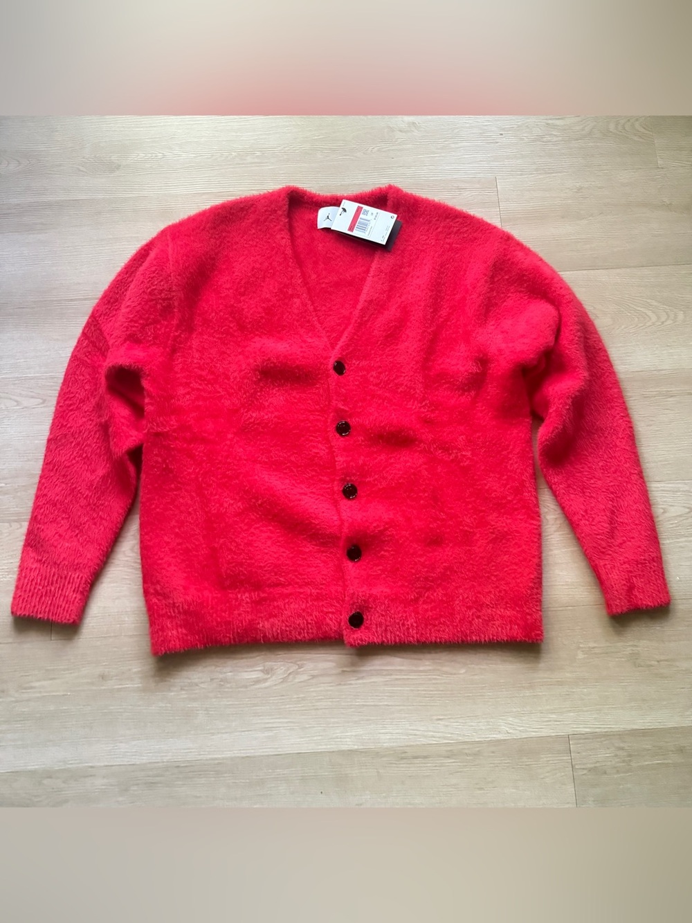 Jordan Bright Red Fuzzy V-Neck Button Cardigan